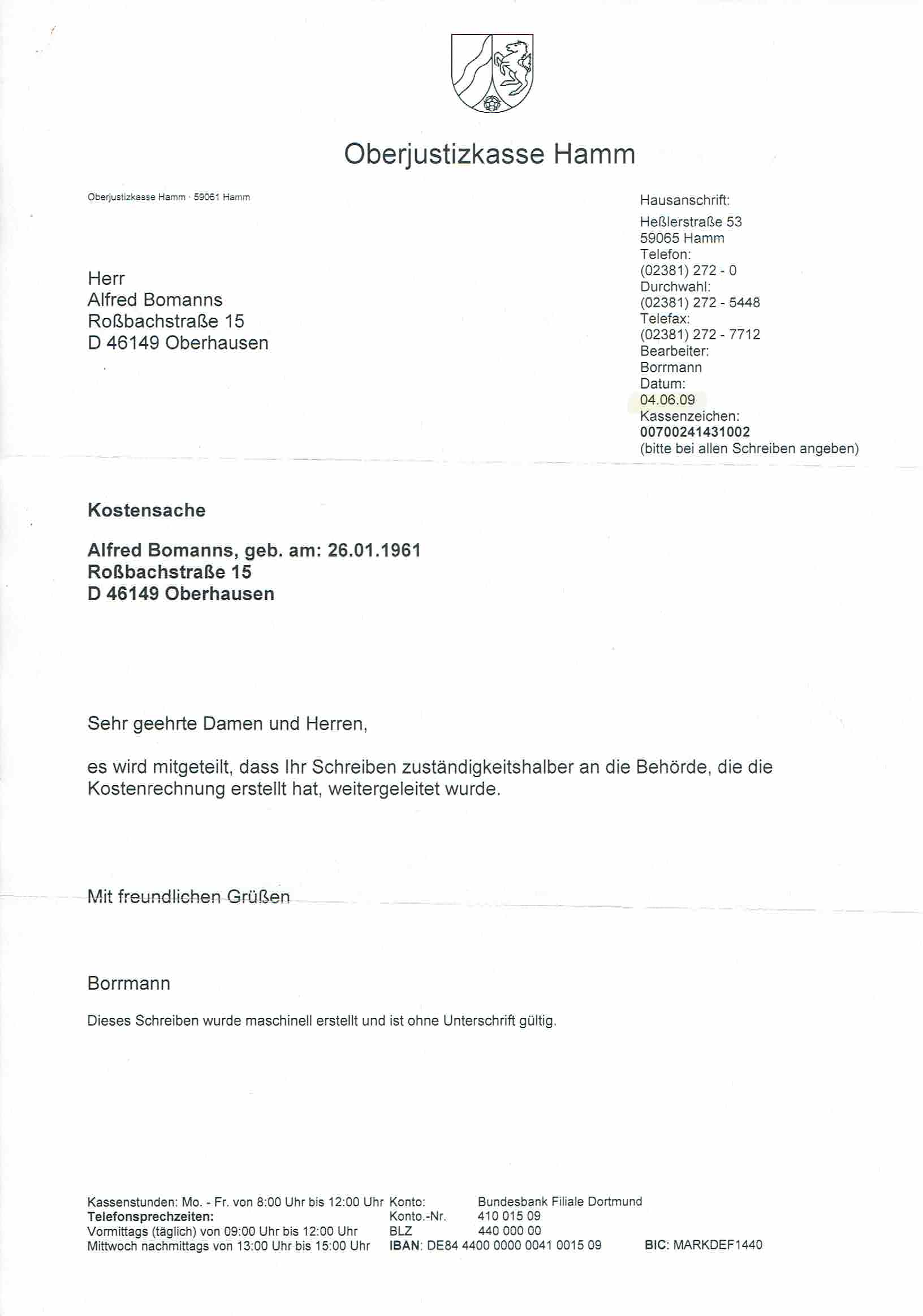 Rechnung der Oberjustizkasse Hamm über 50 € wegen Zurückweisung/Verwerfung der Beschwerde