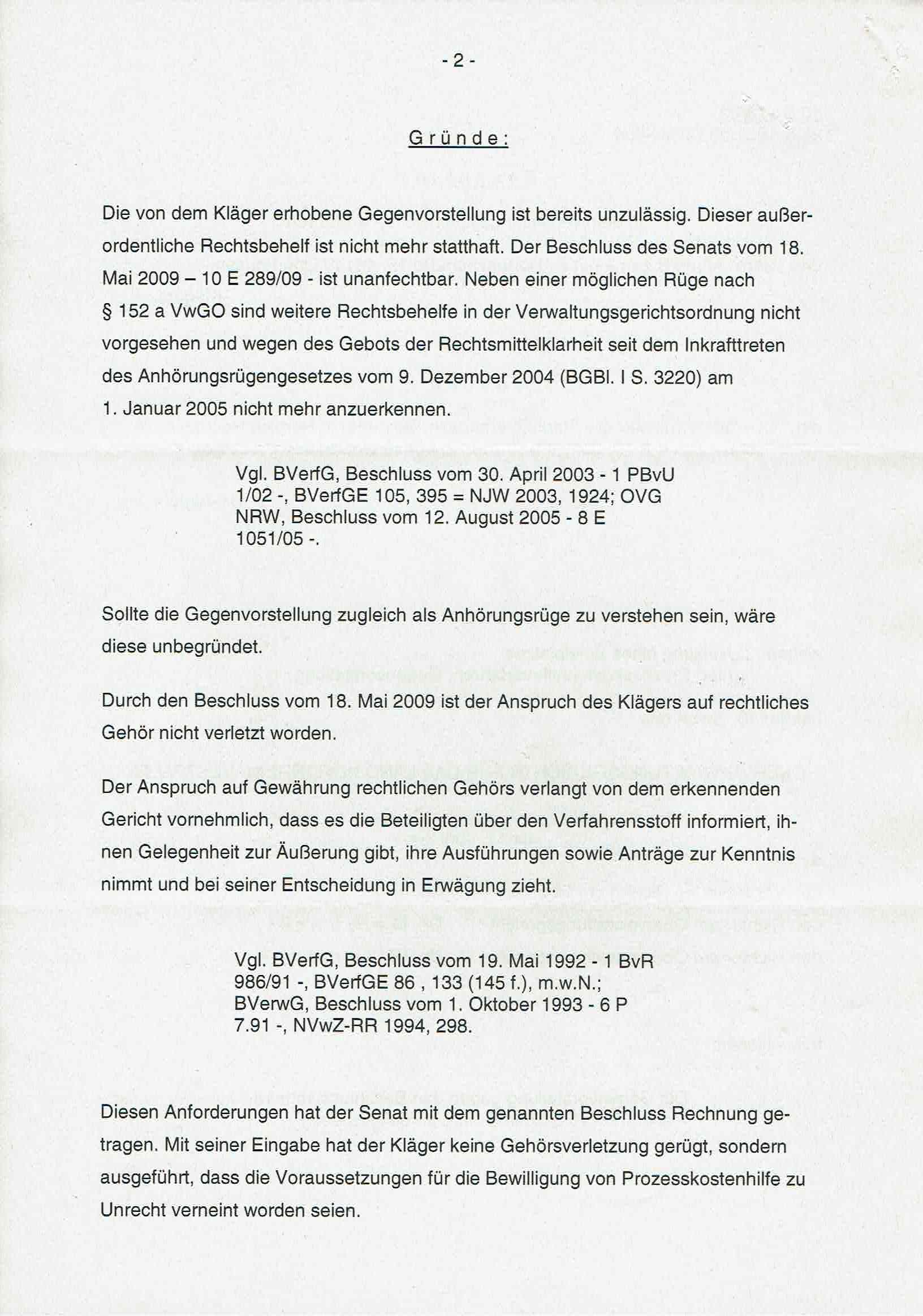 Bescheid der Richter Dr. Bernhard Schulte alias Bernd H. Schulte, Richter Dr. Ulrich Maidowski, Richter Dr. Martin Wiesmann vom 12.06.2009 über die Zurückweisung meiner Gegenvorstellung, S. 2