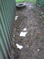 Weggeworfene Papiertücher liegen am Boden hinter dem Container